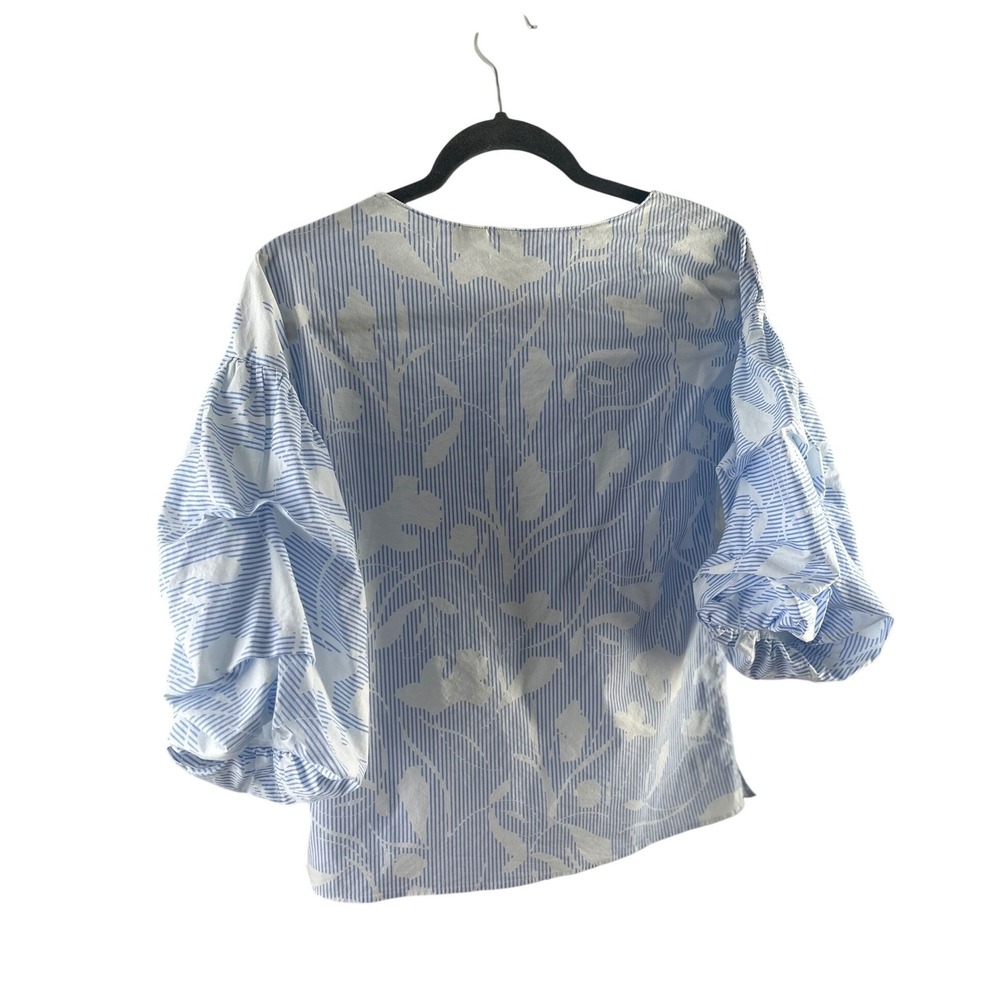 Halogen Womens Blue White Striped Floral Puff Sleeve Blouse Coastal, Nautical - Picture 2 of 5